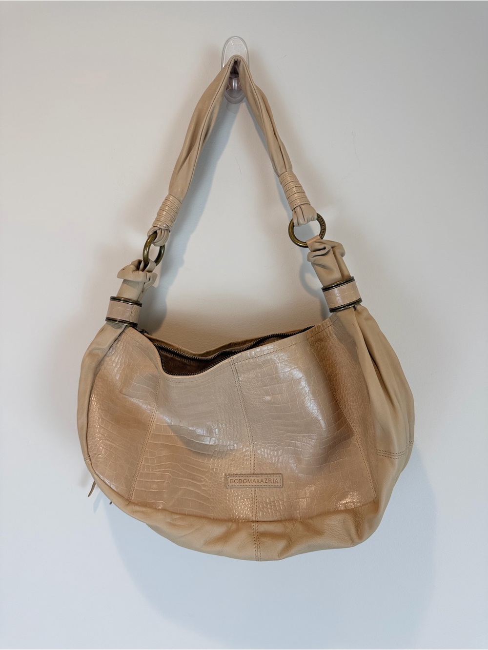 BCBGMaxAzria Vintage Beige Croc-Embossed Hobo Bag OS